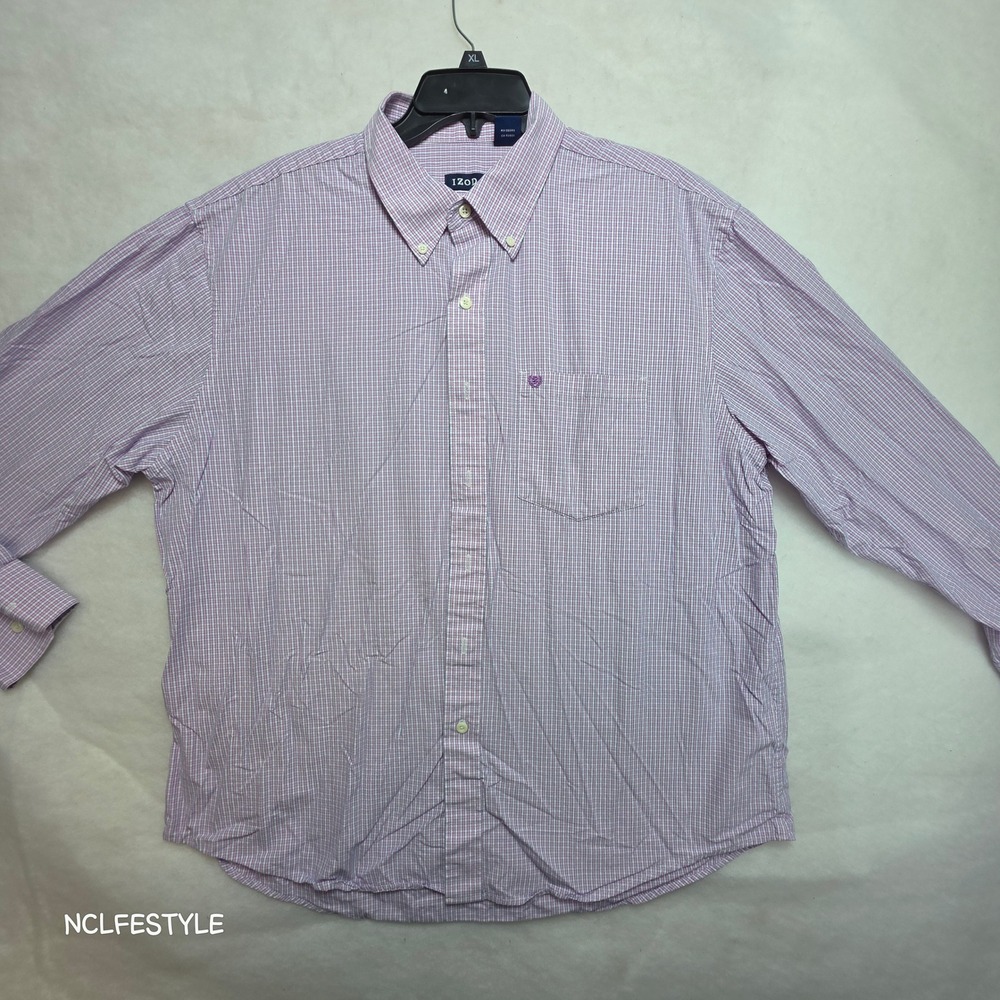 IZOD Mens XL Long Sleeve Button Down Shirt Purple Blue Micro Check Plaid Logo